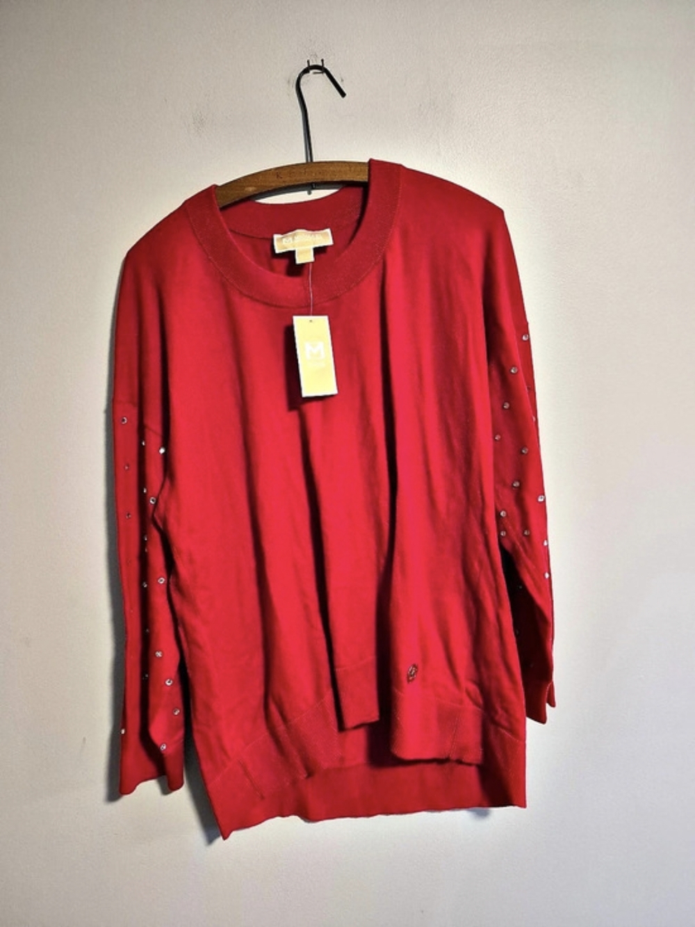 NEW Michael Kors 1x red Sequin Embellished Sleeve Pullover Crew Neck Sweater